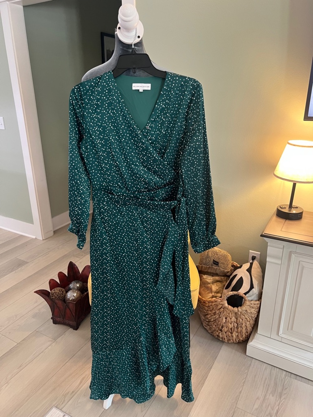 Green Polka Dot Wrap Midi Dress with Tie Waist